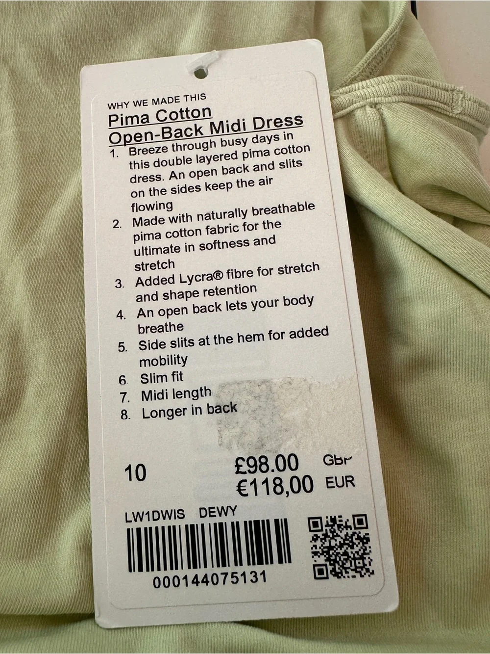 Lululemon Pima Cotton Open-Back Midi Dress Dewy Size 10